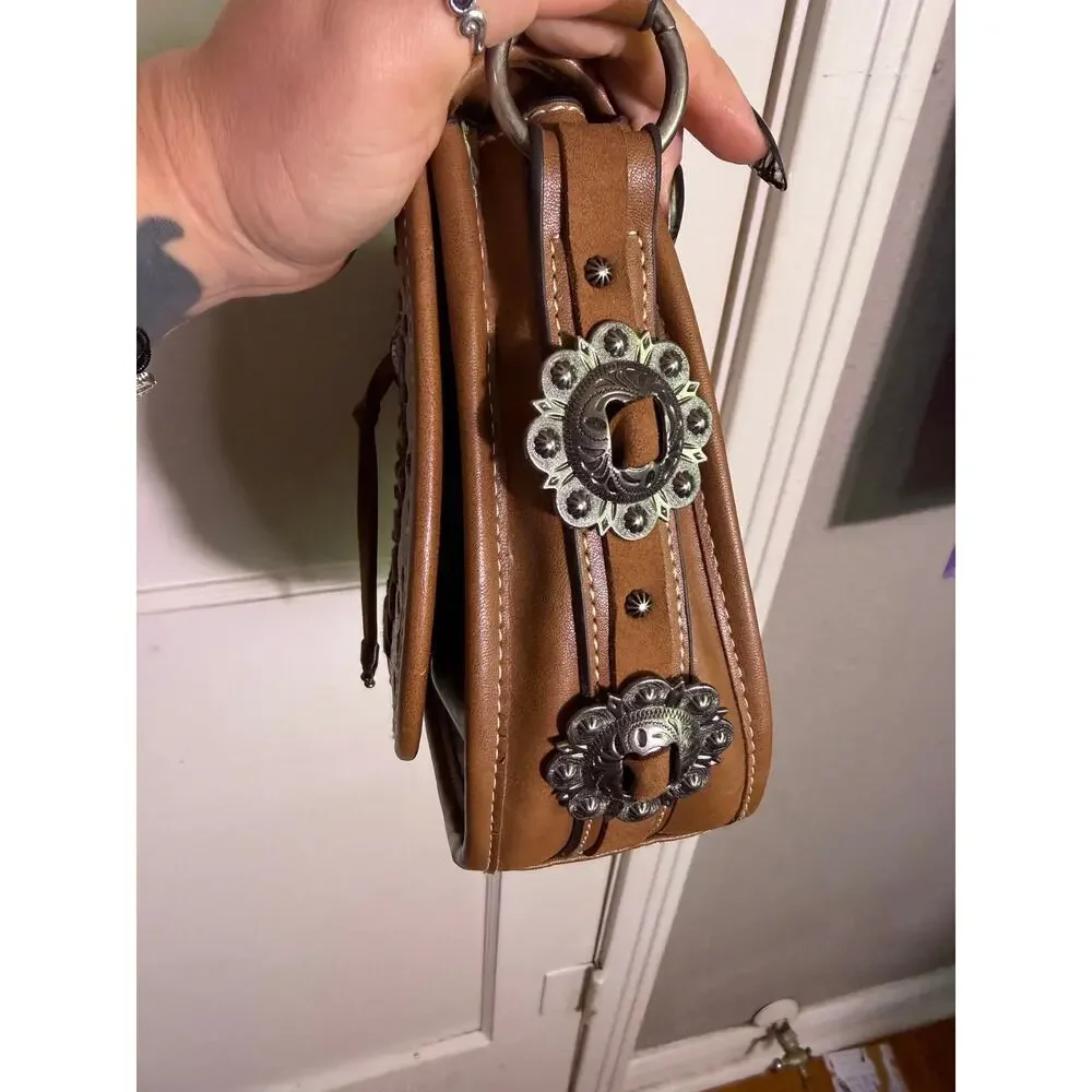 Justin Western Crossbody Purse Cowhide Look Concho Saddle Bag Brown NWT